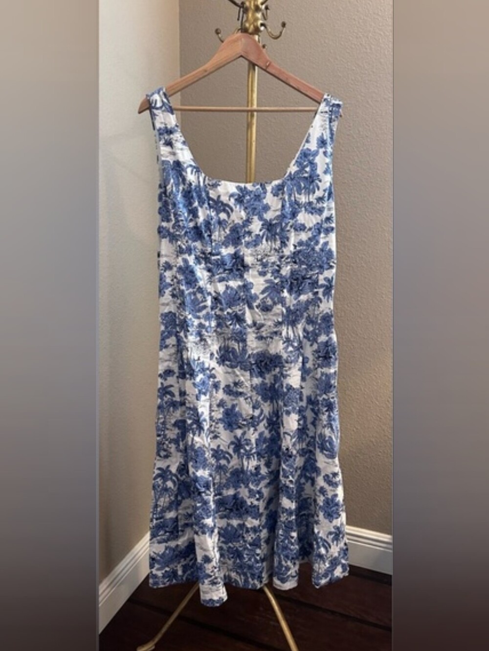 Joie Toile Blue & White Floral Square Neck Summer Dress Sz 16